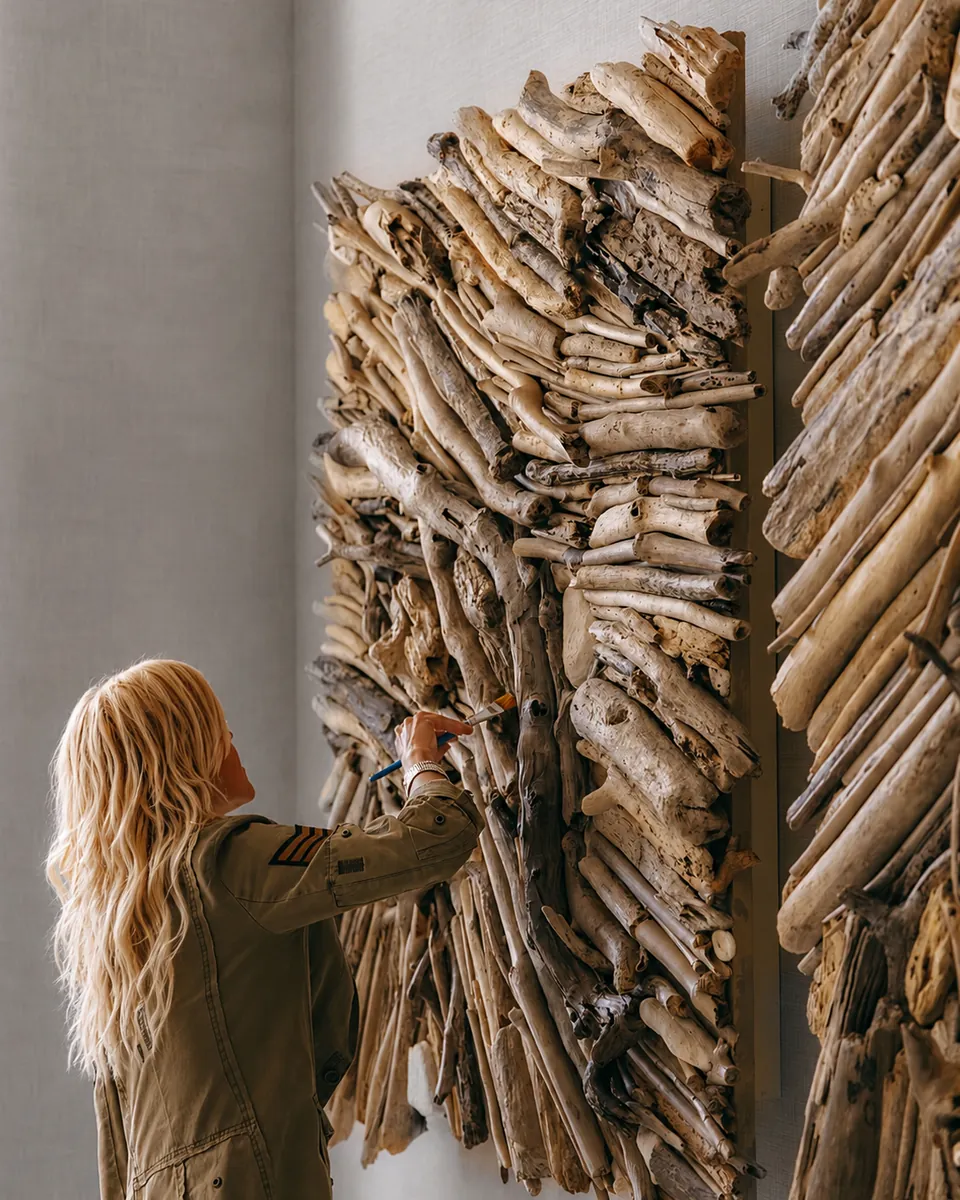 A person working on a tall Marea Serena driftwood piece